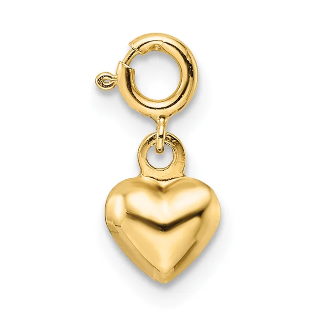 A gold-colored heart-shaped charm pendant hanging from a spring ring clasp.
