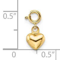 A gold-toned heart charm with spring ring clasp, shown next to a ruler indicating approximately half an inch in width and height.