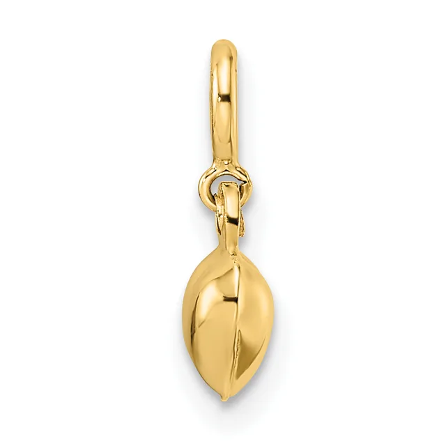 Gold-toned polished leaf-shaped pendant with a small loop connector and bail, hanging vertically against a white background.