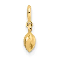 Gold-toned polished leaf-shaped pendant with a small loop connector and bail, hanging vertically against a white background.
