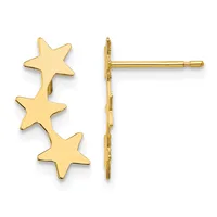 Pair of gold-toned star stud earrings shown from front and back views, featuring three connected stars arranged vertically on a post with backing.