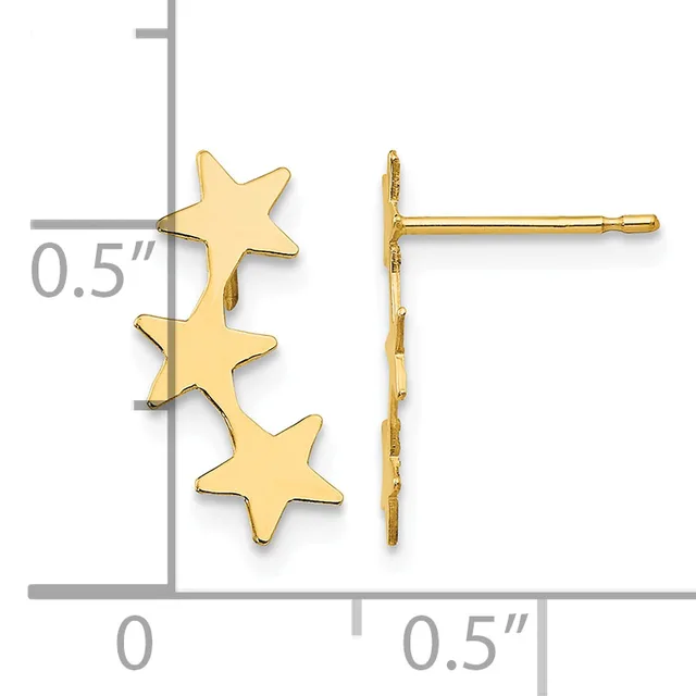 Gold-toned stud earrings featuring three stacked stars arranged vertically, shown from front and side views with measurement scale indicating approximately 0.5 inches in height.