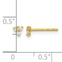 Gold stud earrings with three round cubic zirconia stones arranged in a triangular cluster, shown front and side view with measurement scale indicating 0.5 inch length.
