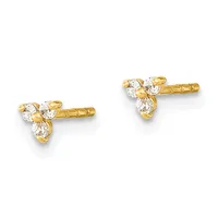 A pair of gold stud earrings featuring three round white cubic zirconia stones arranged in a triangular cluster on each post.