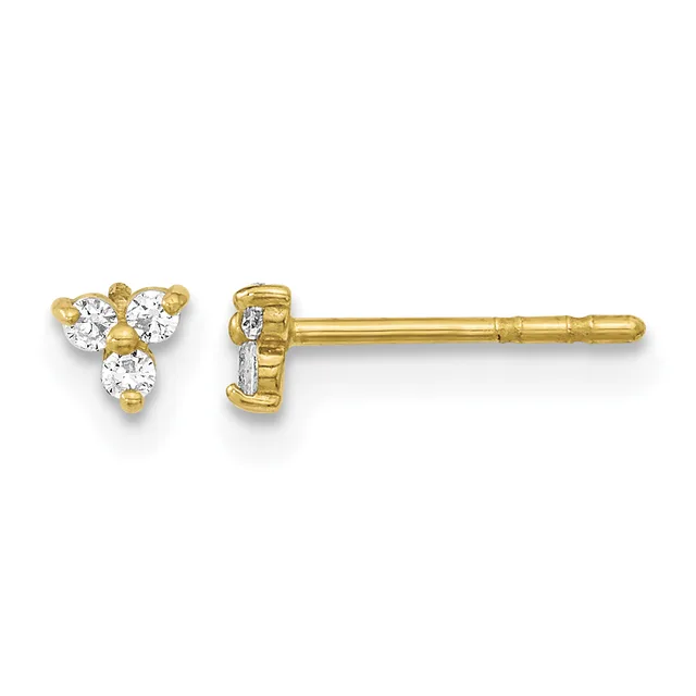 Pair of gold stud earrings with three round white diamonds arranged in a triangular cluster on each post.