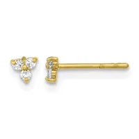 Pair of gold stud earrings with three round white diamonds arranged in a triangular cluster on each post.