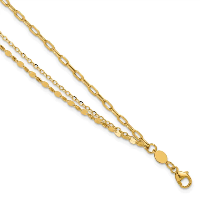 Two-strand gold chain necklace with mixed link styles, featuring a small round disc charm and lobster claw clasp.