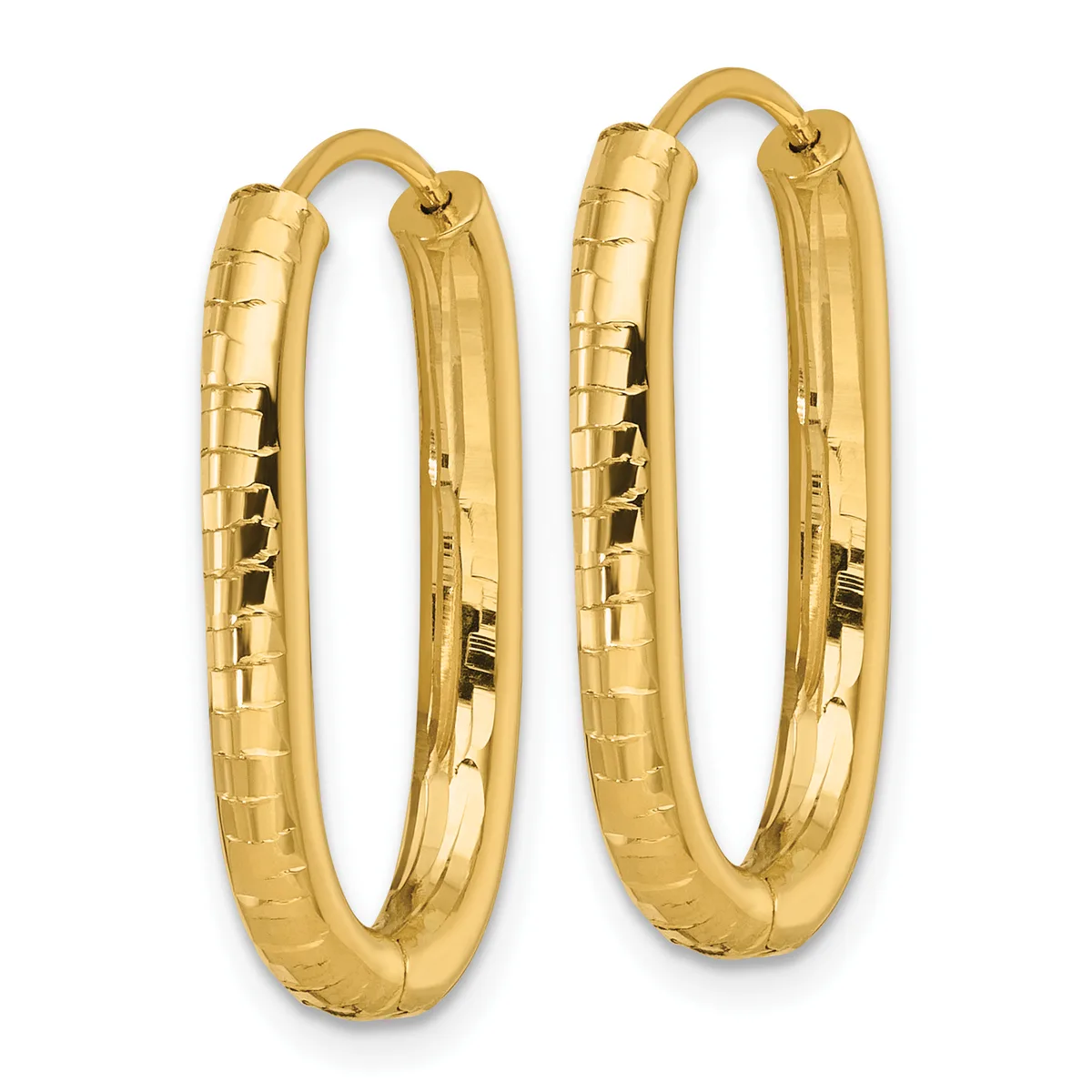 A pair of gold-colored oval hoop earrings with a textured quilted surface pattern and hinged closures, displayed against a white background.