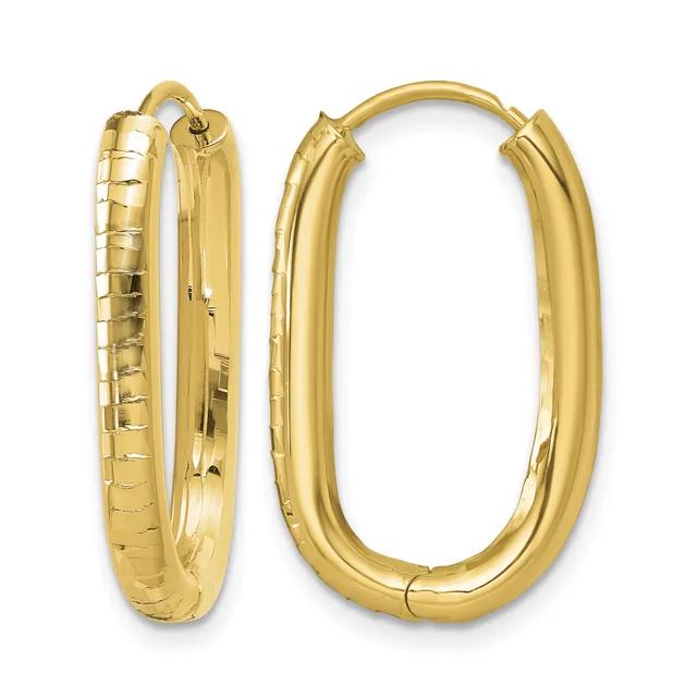 A pair of gold hoop earrings with textured and polished surfaces, shown from front and side angles.