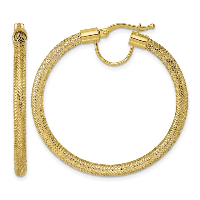 Pair of gold hoop earrings with a textured mesh pattern and cylindrical post and clutch closures, shown from front and side views.