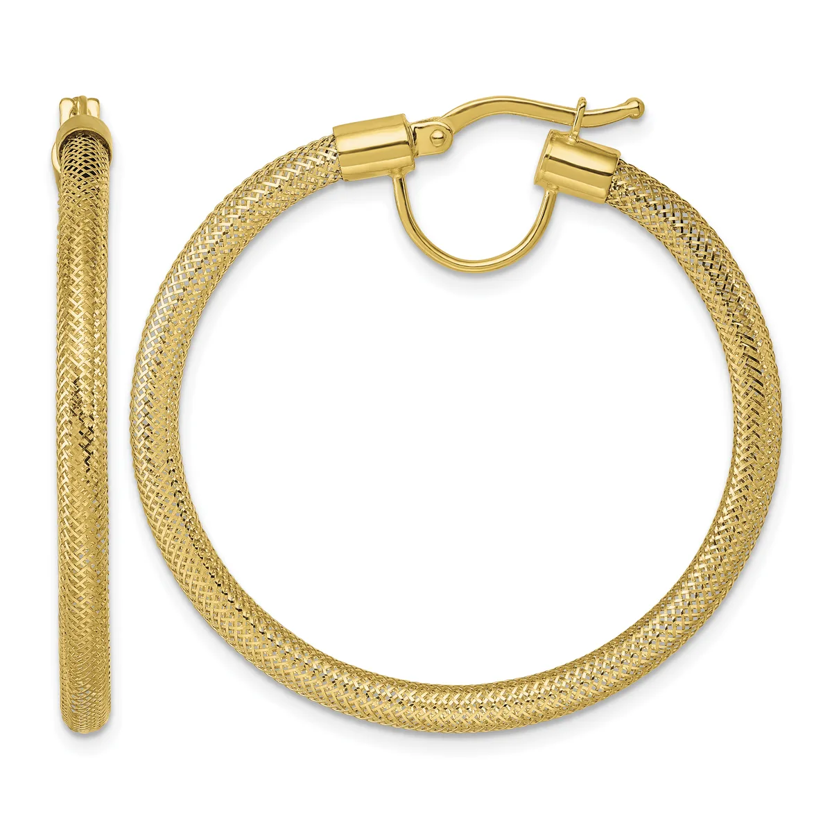 Pair of gold hoop earrings with a textured mesh pattern and cylindrical post and clutch closures, shown from front and side views.