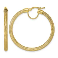 Pair of gold hoop earrings with a textured mesh pattern and cylindrical post and clutch closures, shown from front and side views.