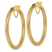 A pair of gold hoop earrings with a textured mesh surface and polished rounded caps at the top, shown against a white background.