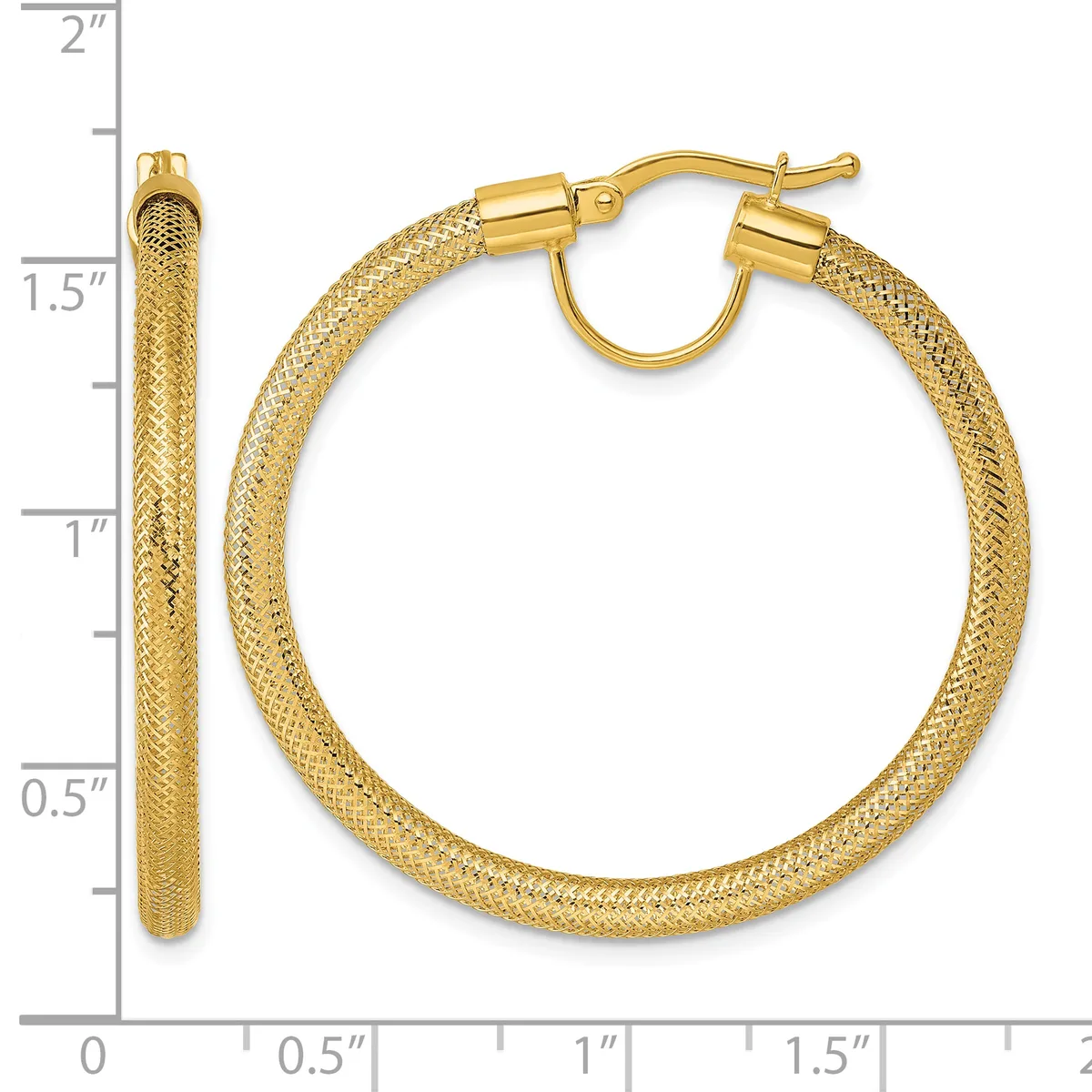 Gold textured hoop earrings with a diameter of approximately 1.5 inches, shown with a measurement scale on the left side.
