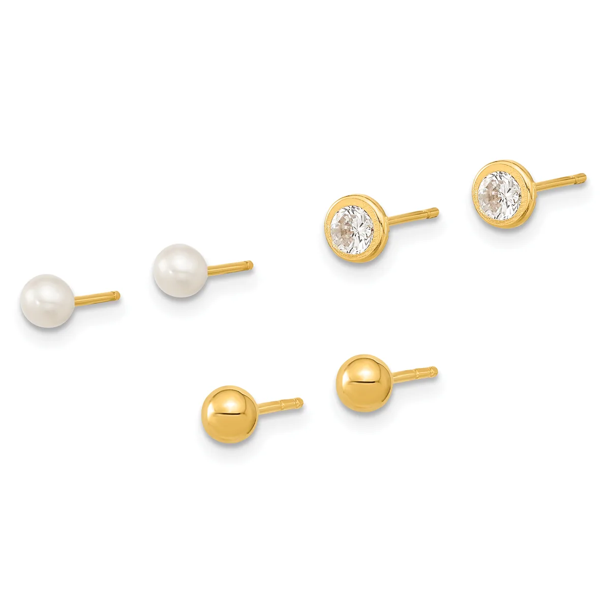 Three pairs of gold stud earrings displayed in two rows: pearl studs, cubic zirconia studs in bezel settings, and polished gold ball studs.