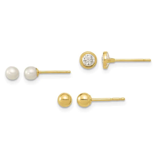 Three pairs of gold stud earrings displayed against a white background: pearl studs, diamond bezel studs, and polished ball studs.