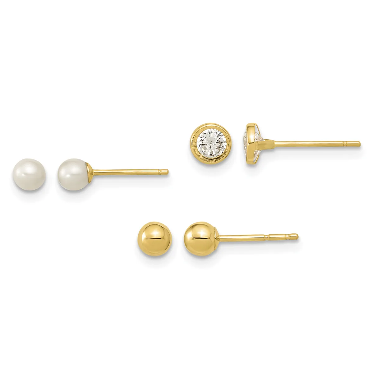 Three pairs of gold stud earrings displayed against a white background: pearl studs, diamond bezel studs, and polished ball studs.