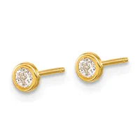 Pair of gold stud earrings with round bezels each set with a clear faceted stone, shown against a white background.
