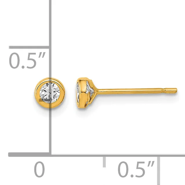 Pair of gold stud earrings with round white stone settings, shown front and side view with a measurement scale indicating 0.5 inches in diameter.