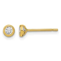 A pair of gold stud earrings with round bezels containing clear cubic zirconia stones, shown from front and side views.