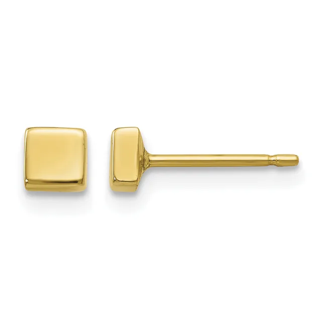A pair of polished gold square stud earrings shown from front and side view against a white background.