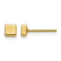 A pair of polished gold square stud earrings shown from front and side view against a white background.