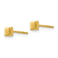 Pair of small gold square stud earrings with polished finish and post backs, displayed against a white background.