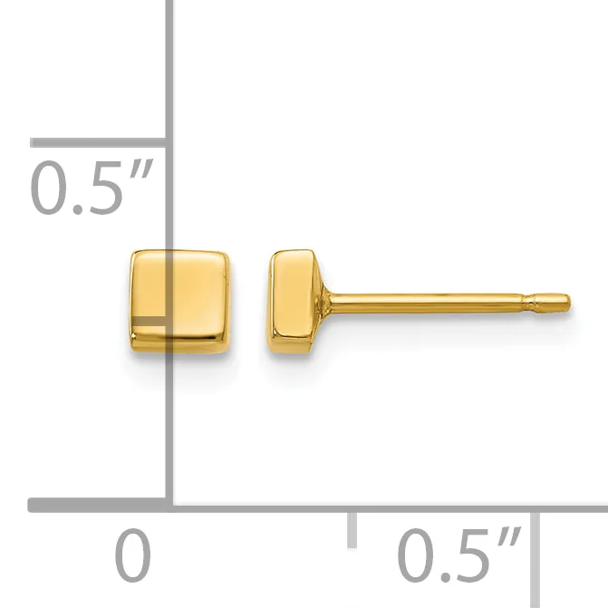 Pair of small square gold stud earrings shown front and side view with measurement scale indicating 0.5 inches.