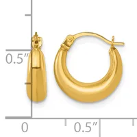 A pair of polished gold-toned chunky hoop earrings with post and clutch closures, shown front and side view with a measurement scale indicating approximately 0.5 inches in height.