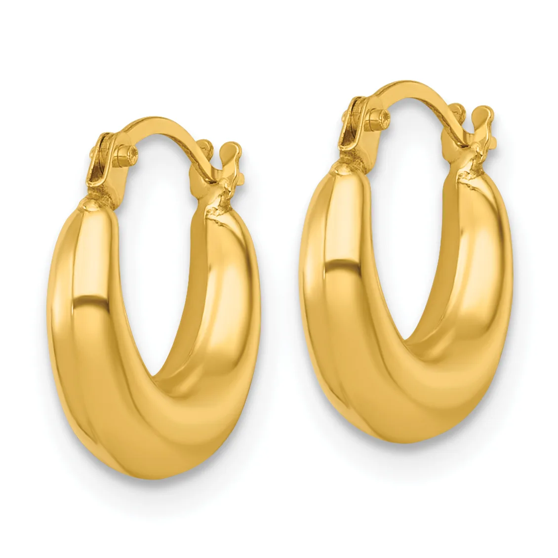 A pair of polished gold hoop earrings with a chunky, curved oval shape and hinged closures, displayed against a white background.