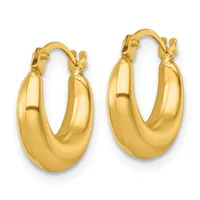 A pair of polished gold hoop earrings with a chunky, curved oval shape and hinged closures, displayed against a white background.