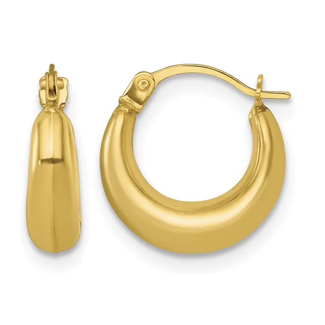 Pair of polished yellow gold chunky hoop earrings with post and clip closure, shown from front and side angles.