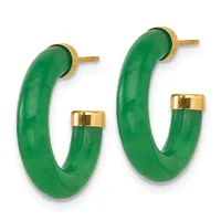 Pair of green jade hoop earrings with gold-tone metal accents and posts, displayed side by side against a white background.