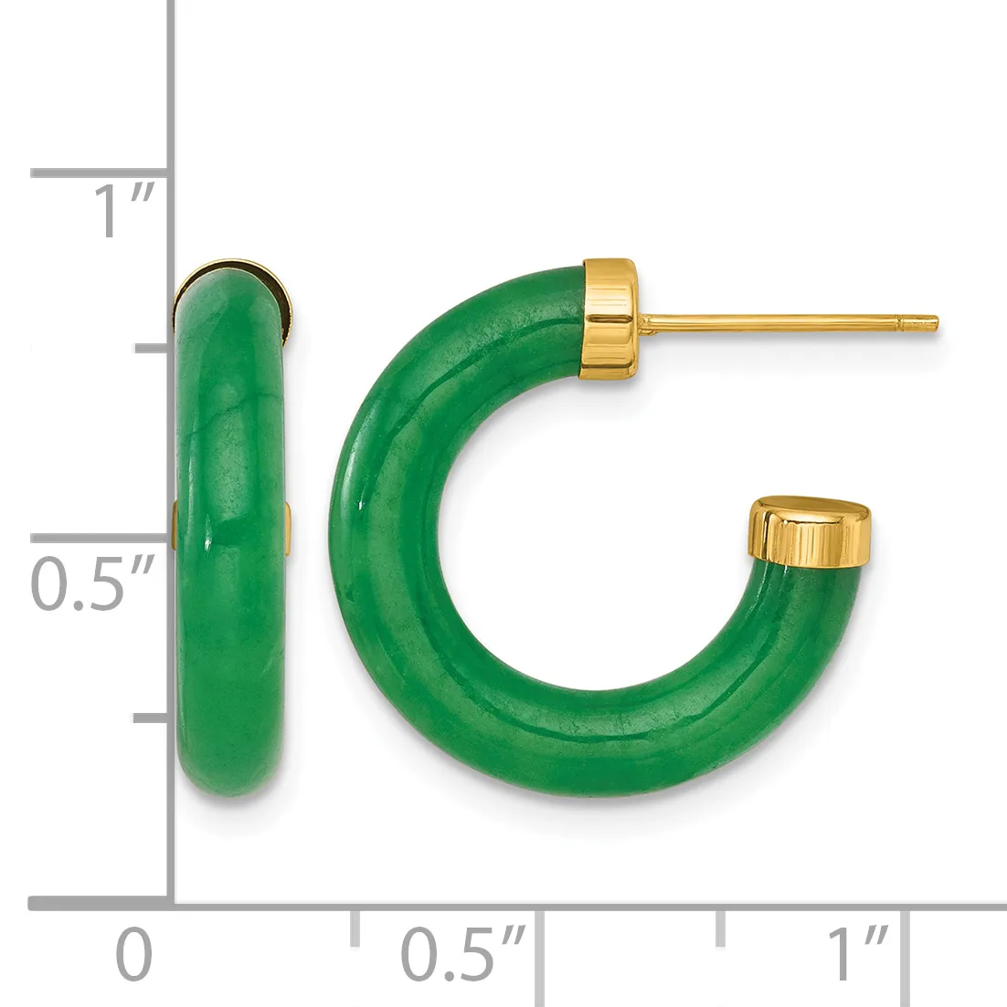 Pair of green jade hoop earrings with gold-tone posts and backs, displayed next to a ruler showing approximately one inch in length.