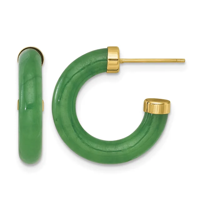 A pair of green jade hoop earrings with gold-tone metal posts and decorative caps, shown from front and side views.