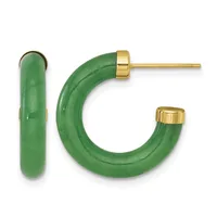 A pair of green jade hoop earrings with gold-tone metal posts and decorative caps, shown from front and side views.