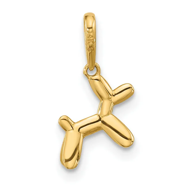 A gold pendant in the shape of a balloon dog with a loop bail at the top, shown against a white background.