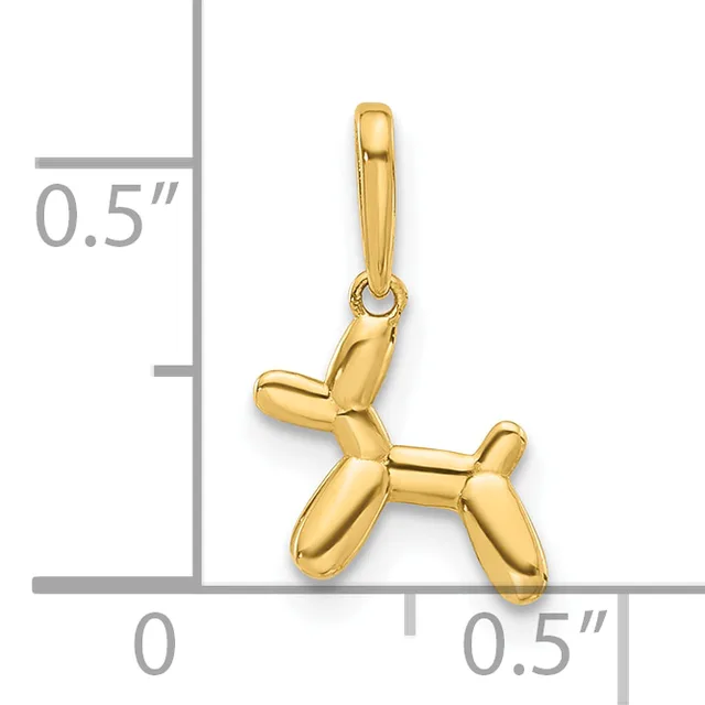 Gold balloon dog charm pendant shown against a measurement scale indicating approximately 0.5 inches in height and width.