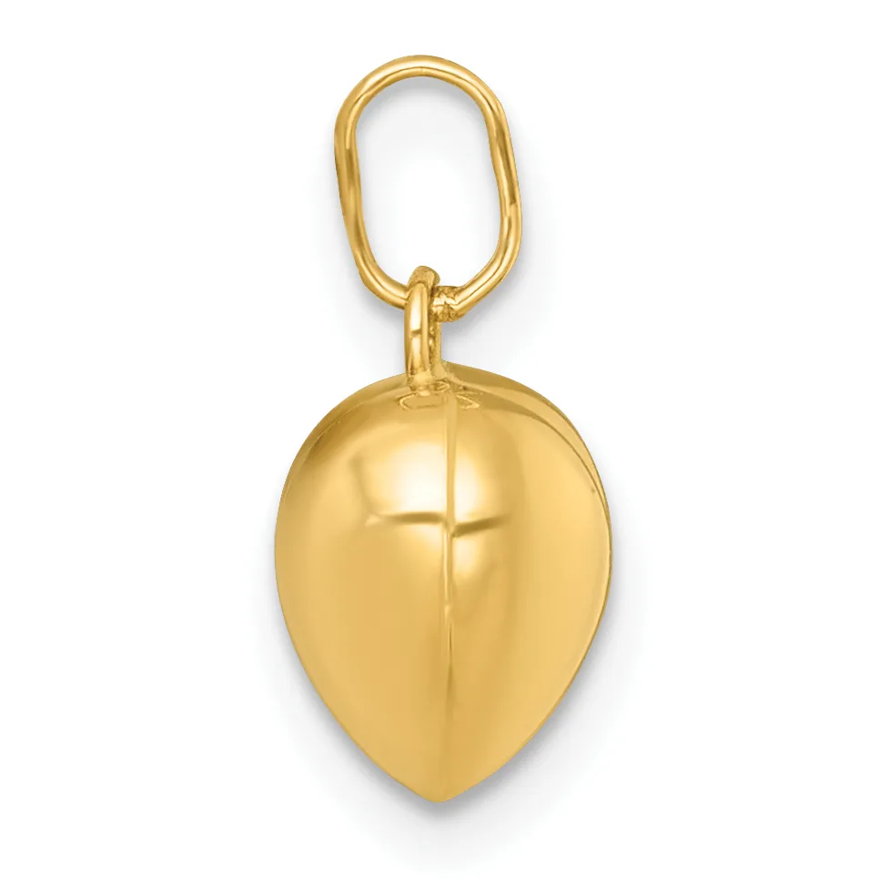 A polished gold teardrop-shaped pendant with an engraved cross, attached to a gold oval loop.