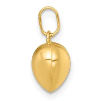A polished gold teardrop-shaped pendant with an engraved cross, attached to a gold oval loop.