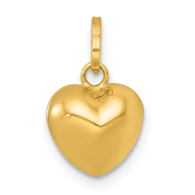 A polished gold heart-shaped pendant with a bale loop at the top, shown against a white background.