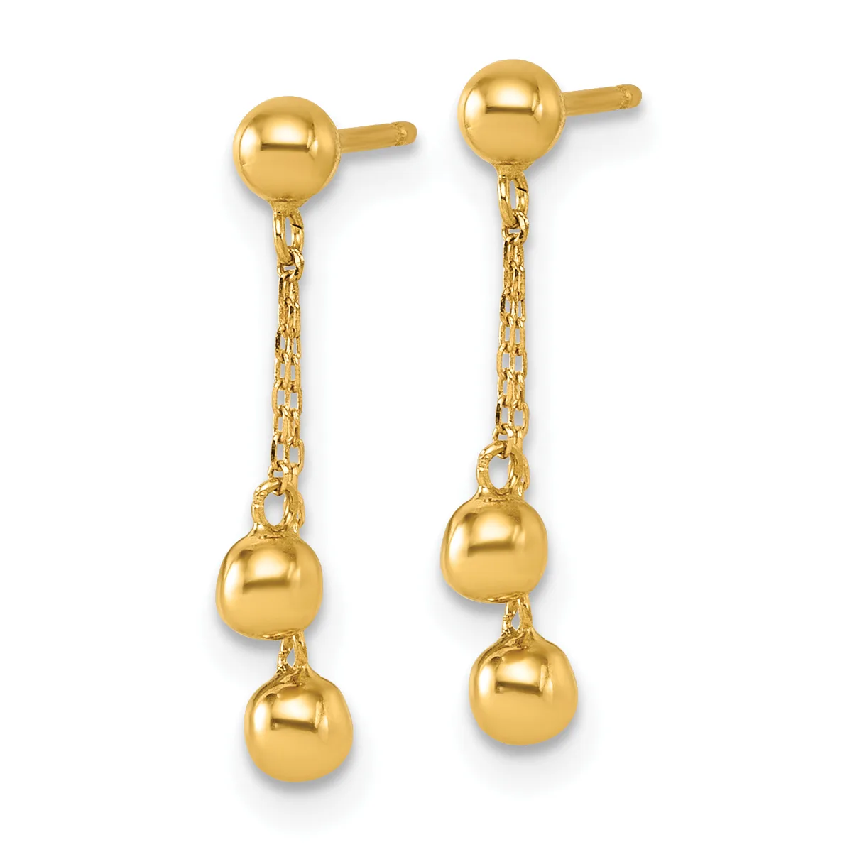 Pair of gold drop earrings with ball studs connected by chain links to two tiered gold spheres below.