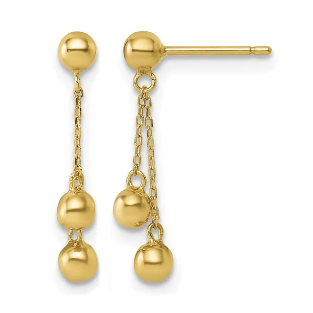 Pair of gold dangle earrings with ball studs connected to chain-link drops ending in smaller gold balls.