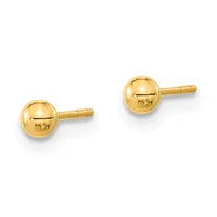 A pair of polished gold sphere stud earrings with post backs, shown from a front view against a white background.