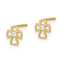 A pair of gold cross-shaped stud earrings with oval diamond centers and hollow cutout designs on posts.