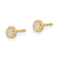 A pair of gold stud earrings with round bezels containing clear faceted stones, shown against a white background.