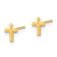 A pair of gold cross-shaped stud earrings with posts and backs, shown against a white background.
