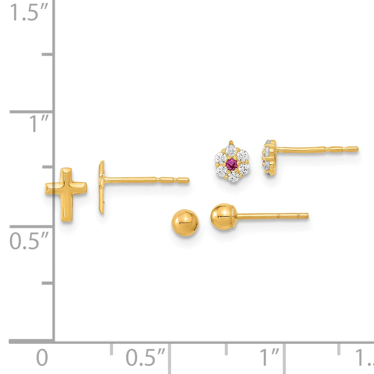 Three pairs of gold stud earrings displayed on a ruler showing measurements: small cross-shaped studs, round ball studs, and flower-shaped studs with a red center stone and clear stones.