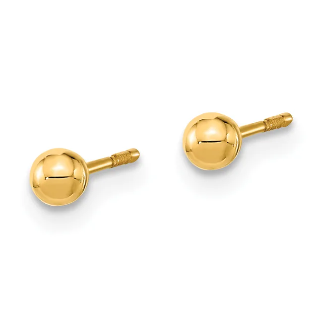 A pair of polished gold ball stud earrings with posts and backs, displayed against a white background.
