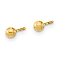 A pair of polished gold ball stud earrings with posts and backs, displayed against a white background.